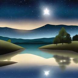 A serene night sky with a shining star illuminating a peaceful landscape