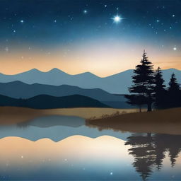 A serene night sky with a shining star illuminating a peaceful landscape