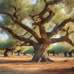 A serene olive grove with ancient, gnarled trees and soft sunlight filtering through the leaves