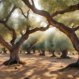 A serene olive grove with ancient, gnarled trees and soft sunlight filtering through the leaves