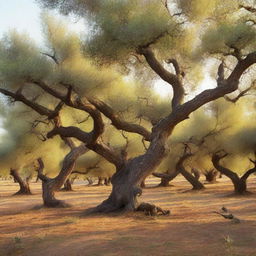 A serene olive grove with ancient, gnarled trees and soft sunlight filtering through the leaves