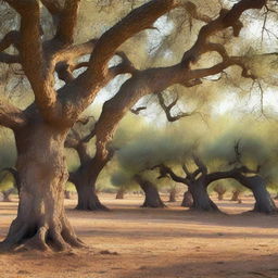 A serene olive grove with ancient, gnarled trees and soft sunlight filtering through the leaves