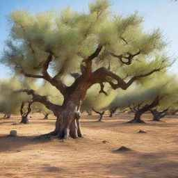 A tranquil olive grove with ancient, gnarled trees, bathed in gentle sunlight