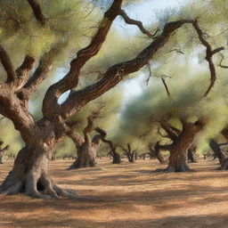 A tranquil olive grove with ancient, gnarled trees, bathed in gentle sunlight