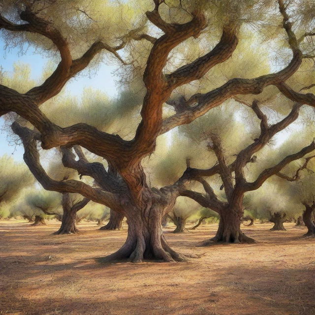 A tranquil olive grove with ancient, gnarled trees, bathed in gentle sunlight