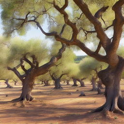 A tranquil olive grove with ancient, gnarled trees, bathed in gentle sunlight