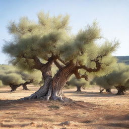 A tranquil olive grove with ancient, gnarled trees, bathed in gentle sunlight