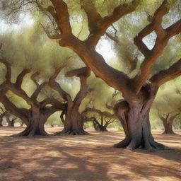 A tranquil olive grove with ancient, gnarled trees, bathed in gentle sunlight