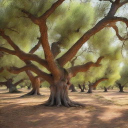 A tranquil olive grove with ancient, gnarled trees, bathed in gentle sunlight