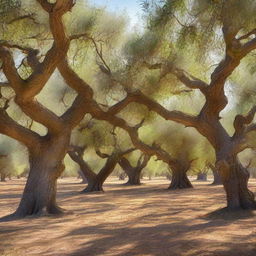 A tranquil olive grove with ancient, gnarled trees, bathed in gentle sunlight