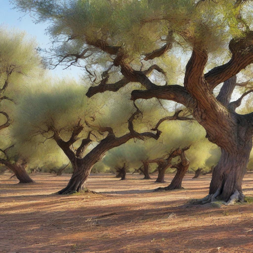 A peaceful olive grove with ancient trees and a gentle breeze rustling through the leaves