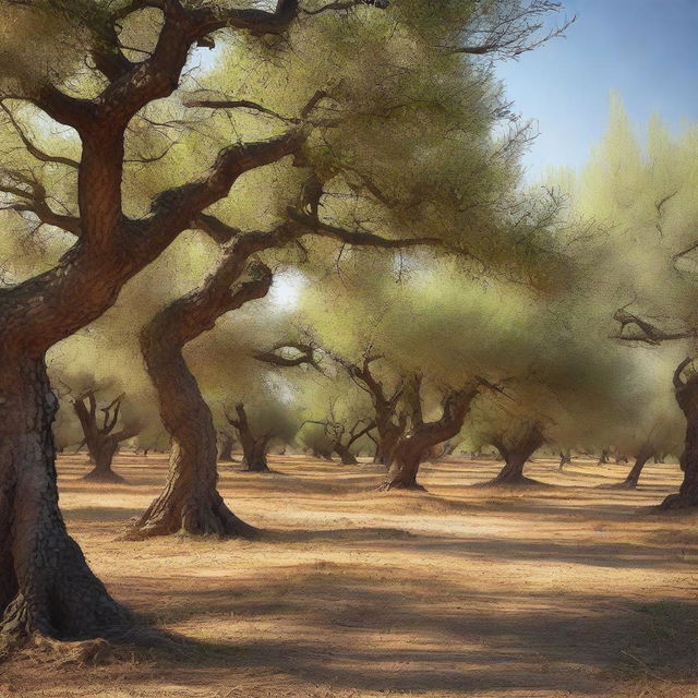 A peaceful olive grove with ancient trees and a gentle breeze rustling through the leaves