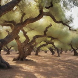 A peaceful olive grove with ancient trees and a gentle breeze rustling through the leaves