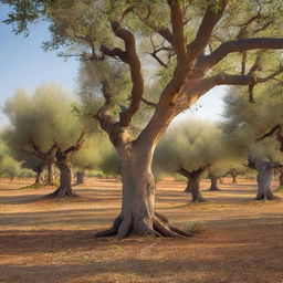 A peaceful olive grove with ancient trees and a gentle breeze rustling through the leaves