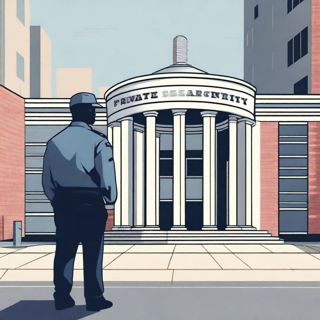 A detailed image representing the concept of private security, showing a professional security guard in uniform standing in front of a secure building