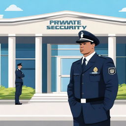 A detailed image representing the concept of private security, showing a professional security guard in uniform standing in front of a secure building