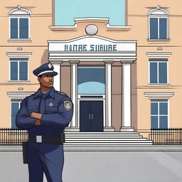 A detailed image representing the concept of private security, showing a professional security guard in uniform standing in front of a secure building