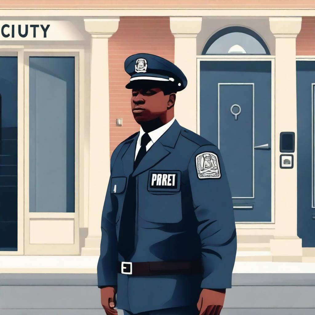 A detailed image representing the concept of private security, showing a professional security guard in uniform standing in front of a secure building