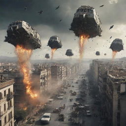 Invasion alienigena con naves espaciales aterradoras destrozando la ciudad. Civiles corriendo en pánico y una peculiar vaca volando entre el caos