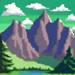 Create a pixel art background featuring a majestic mountain range