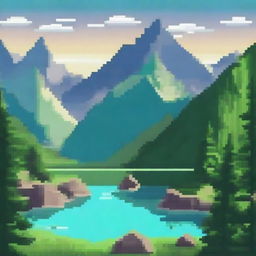 Create a pixel art background featuring a majestic mountain range