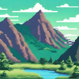 Create a pixel art background featuring a majestic mountain range