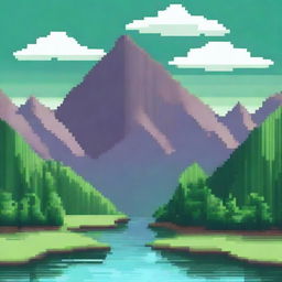 Create a pixel art background featuring a majestic mountain range