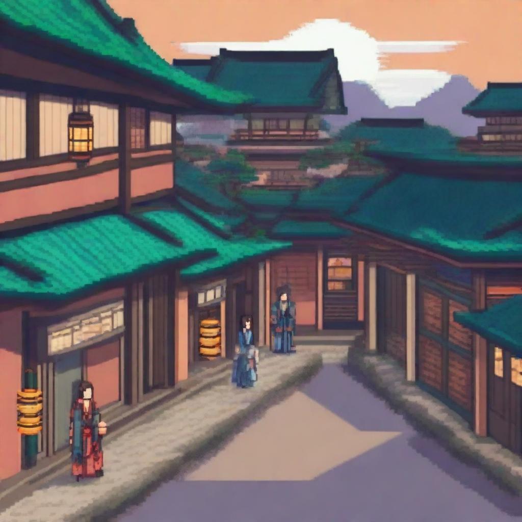 A detailed pixel art depiction of a Japanese old city from the Edo period