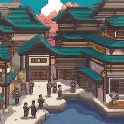 A detailed pixel art depiction of a Japanese old city from the Edo period