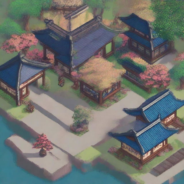 A detailed pixel art depiction of a Japanese old city from the Edo period