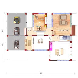 A detailed house plan that features a 3-bedroom, a hall, and a kitchen, designed on a plot of 19x63 square units.