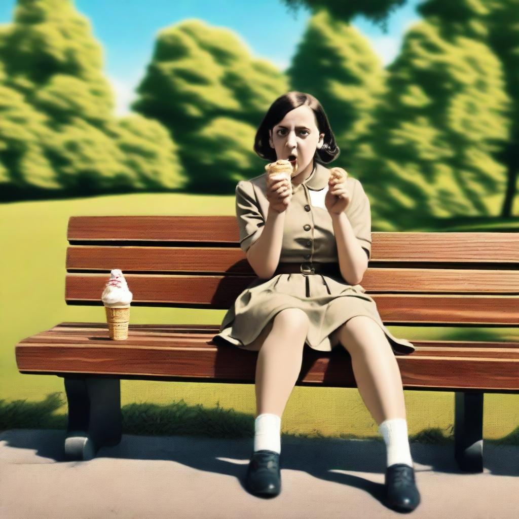 A depiction of a female version of Adolf Hitler enjoying an ice cream cone while sitting on a bench in a park