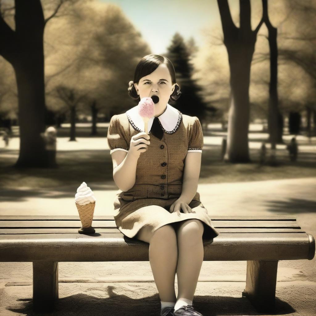 A depiction of a female version of Adolf Hitler enjoying an ice cream cone while sitting on a bench in a park