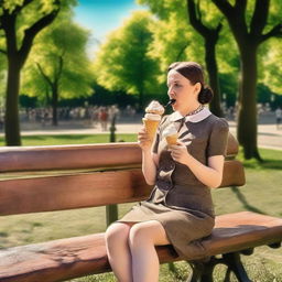 A depiction of a female version of Adolf Hitler enjoying an ice cream cone while sitting on a bench in a park