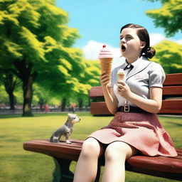 A depiction of a female version of Adolf Hitler enjoying an ice cream cone while sitting on a bench in a park