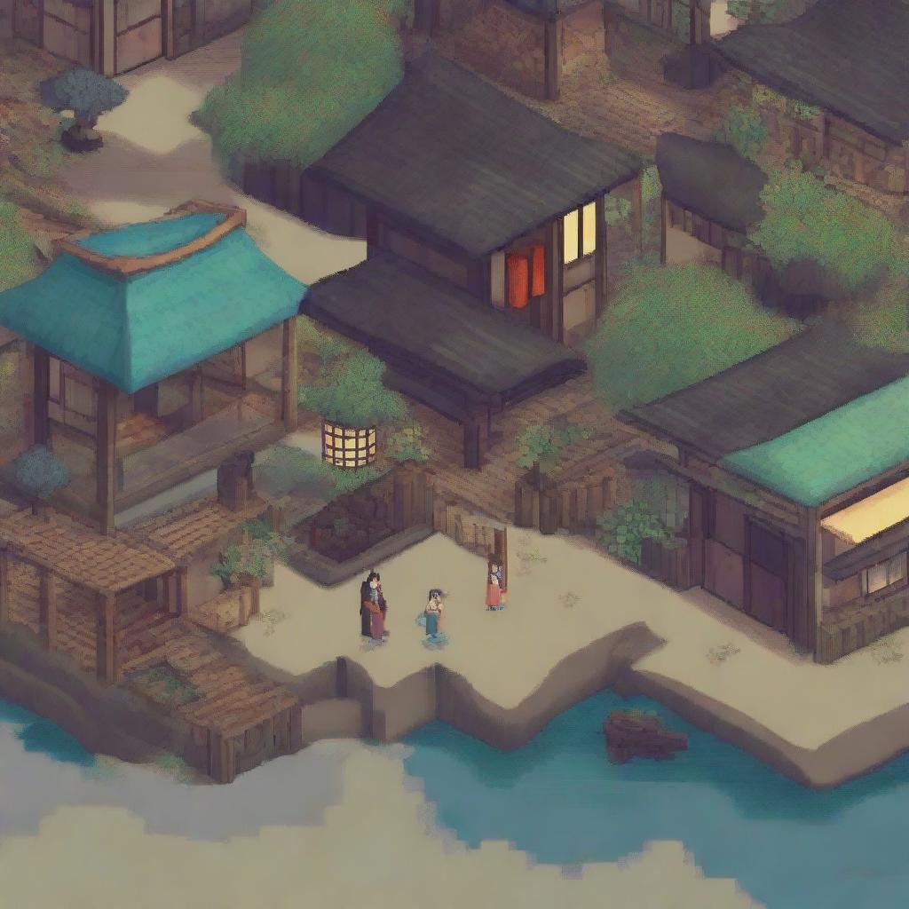 A detailed 2D pixel art depiction of a Japanese old city from the Edo period, designed for a platformer game