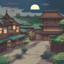 A detailed 2D pixel art depiction of a Japanese old city from the Edo period, designed for a platformer game