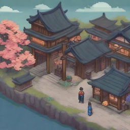 A detailed 2D pixel art depiction of a Japanese old city from the Edo period, designed for a platformer game