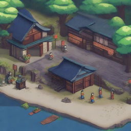 A detailed 2D pixel art depiction of a Japanese old city from the Edo period, designed for a platformer game