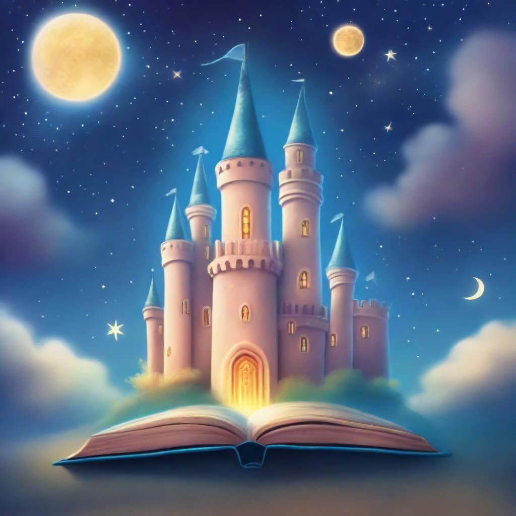 A magical school book cover featuring a grand castle with tall towers, mystical creatures flying around, and a glowing spellbook in the foreground