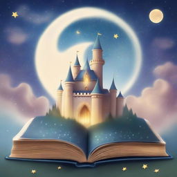 A magical school book cover featuring a grand castle with tall towers, mystical creatures flying around, and a glowing spellbook in the foreground