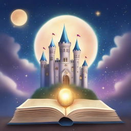 A magical school book cover featuring a grand castle with tall towers, mystical creatures flying around, and a glowing spellbook in the foreground