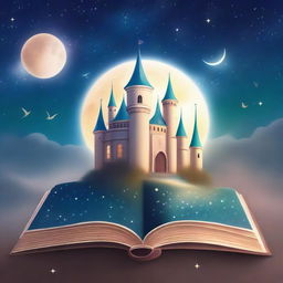 A magical school book cover featuring a grand castle with tall towers, mystical creatures flying around, and a glowing spellbook in the foreground