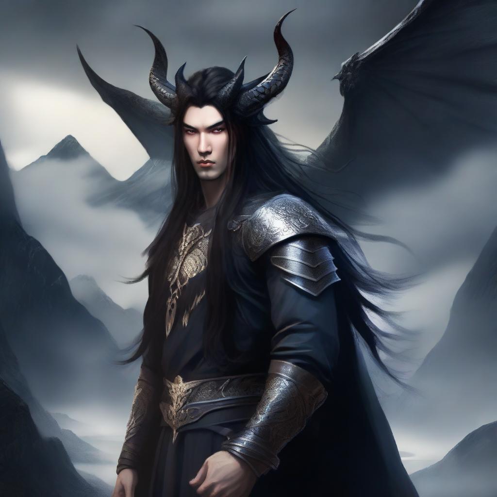 A man with long black hair and dragon horns on his head