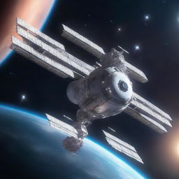 A detailed image of a space station floating in the vastness of space with a massive star shining brightly in the background