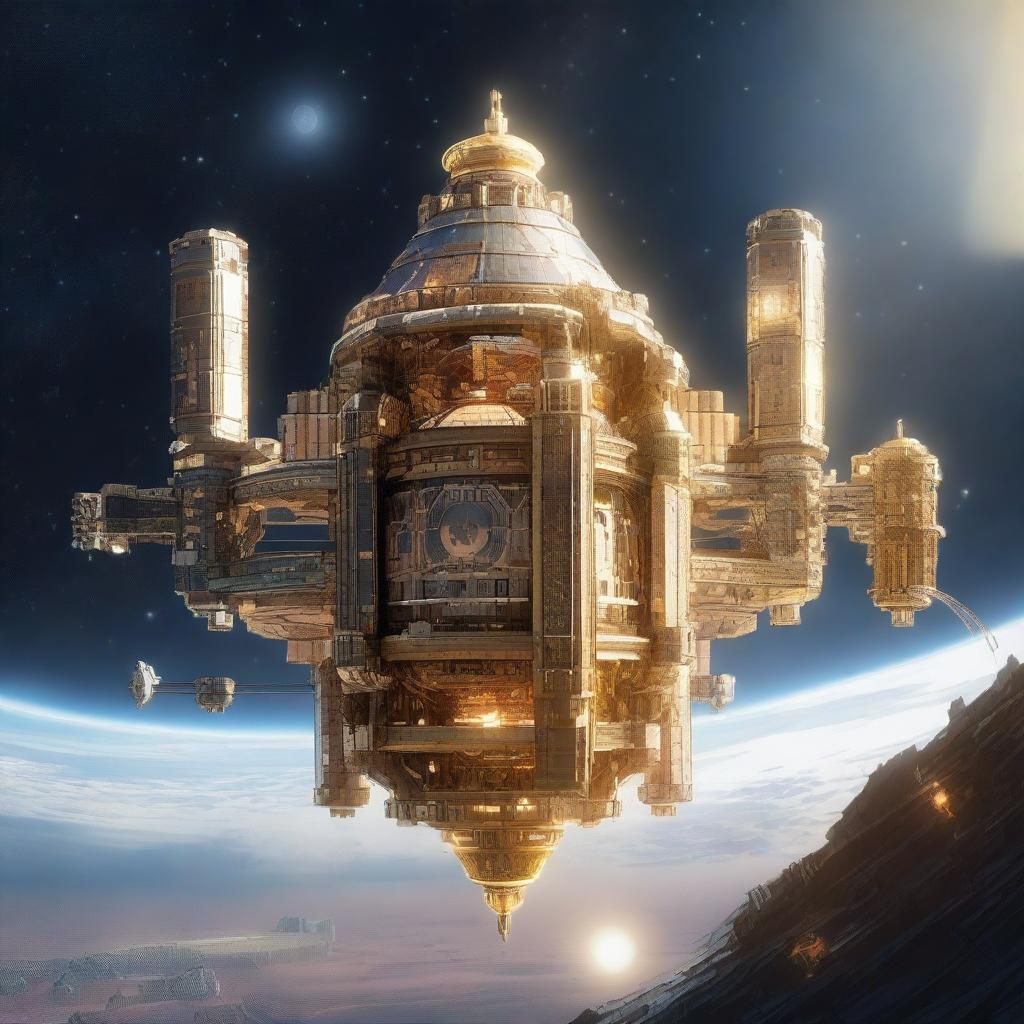 A detailed image of a space station designed like a castle, floating in the vastness of space with a massive golden star shining brightly in the background