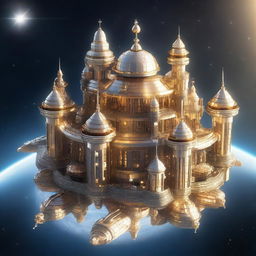 A detailed image of a space station designed like a castle, floating in the vastness of space with a massive golden star shining brightly in the background