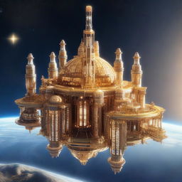 A detailed image of a space station designed like a castle, floating in the vastness of space with a massive golden star shining brightly in the background