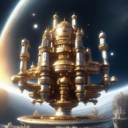 A detailed image of a space station designed like a castle, floating in the vastness of space with a massive golden star shining brightly in the background