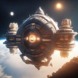 A detailed image of a space station designed like a castle, floating in the vastness of space with a massive sun shining brightly in the background